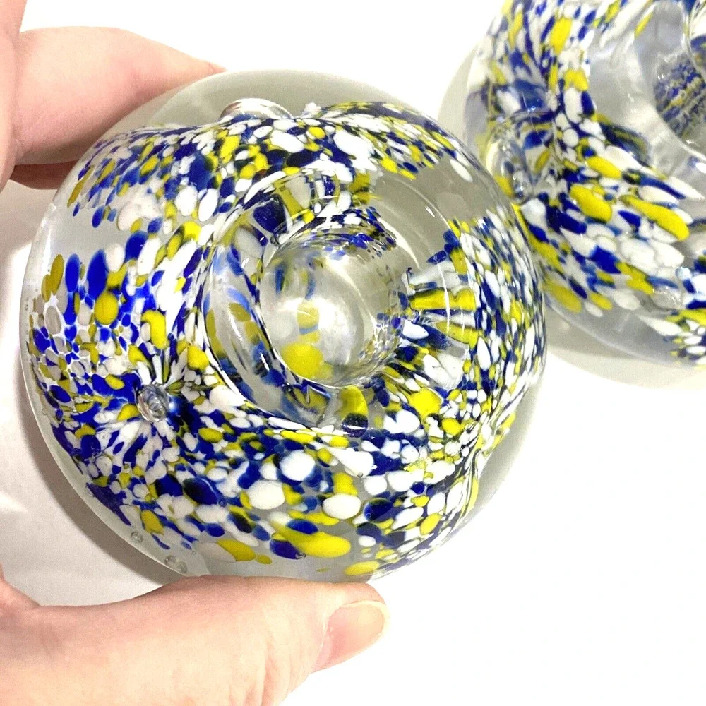 Vintage art glass candle holders pair (2) royal blue yellow white flower bubble